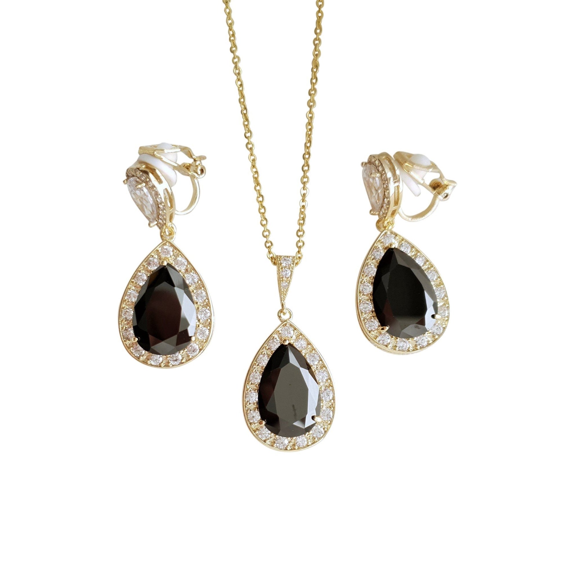 Cubic Zirconia Teardrop Clip On Earrings in Black & Gold- Zoe - PoetryDesigns