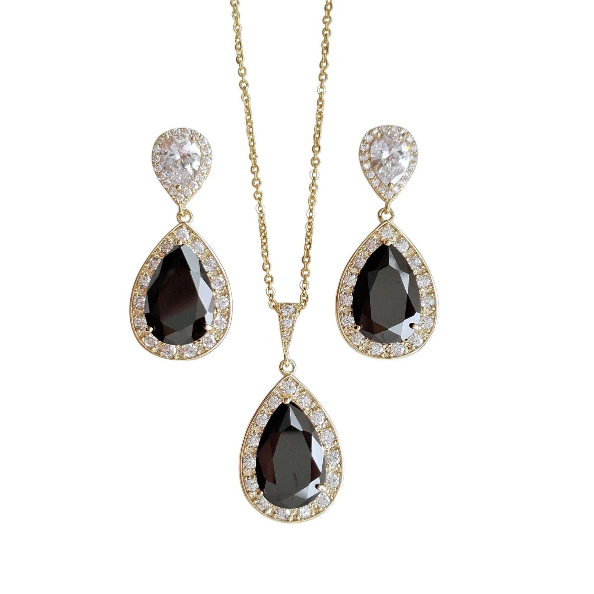 Cubic Zirconia Teardrop Clip On Earrings in Black & Gold- Zoe - PoetryDesigns
