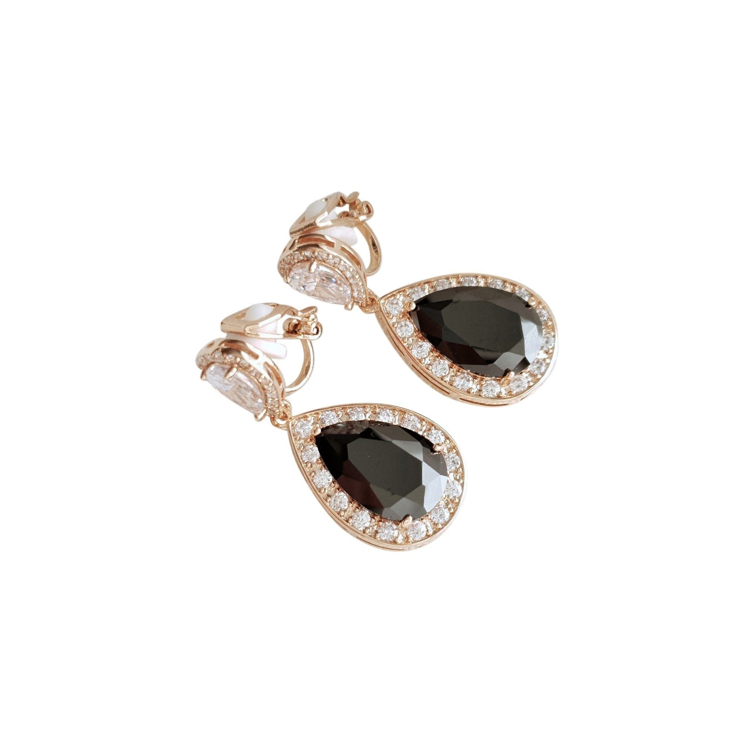 Black Clip On Drop Earrings in Rose Gold-Zoe - PoetryDesigns