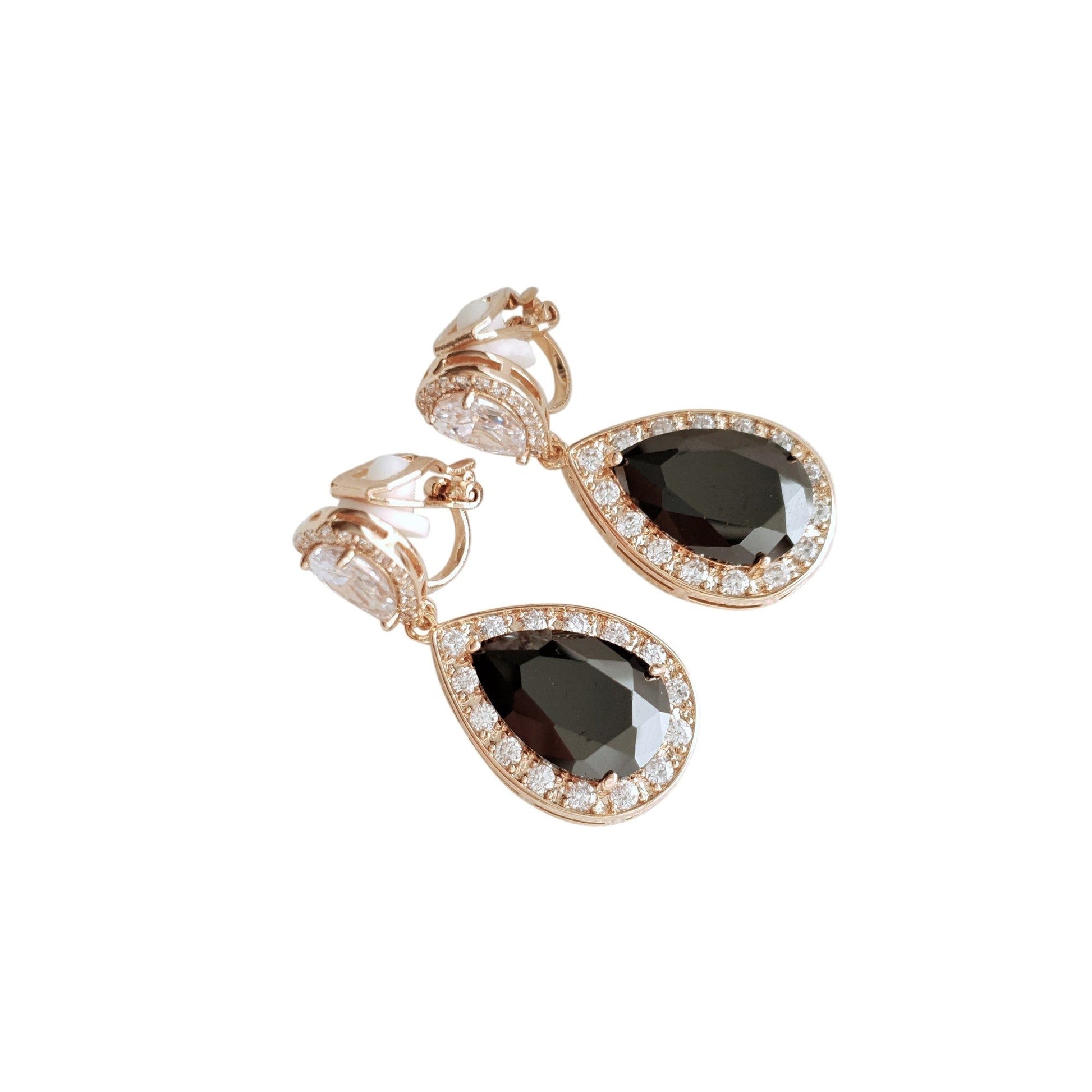 Cubic Zirconia Teardrop Clip On Earrings in Black & Gold- Zoe - PoetryDesigns