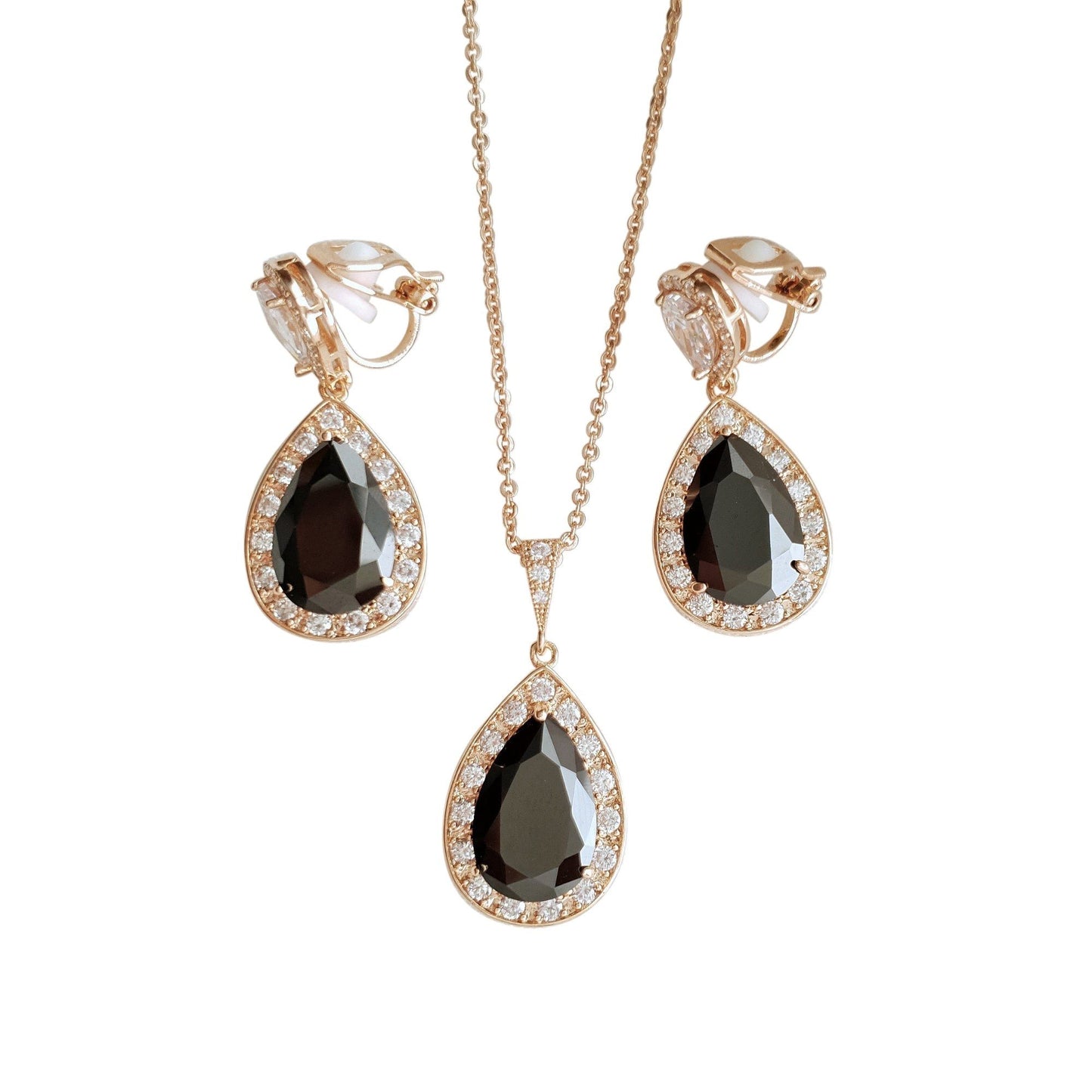 Black Clip On Drop Earrings in Rose Gold-Zoe - PoetryDesigns