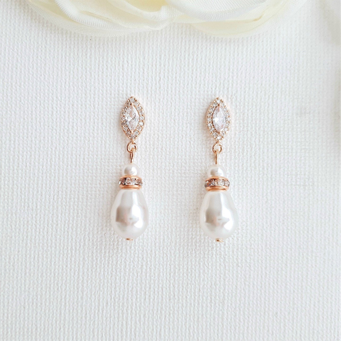 Rose Gold Pearl Teardrop Earrings for Brides- Ella - PoetryDesigns