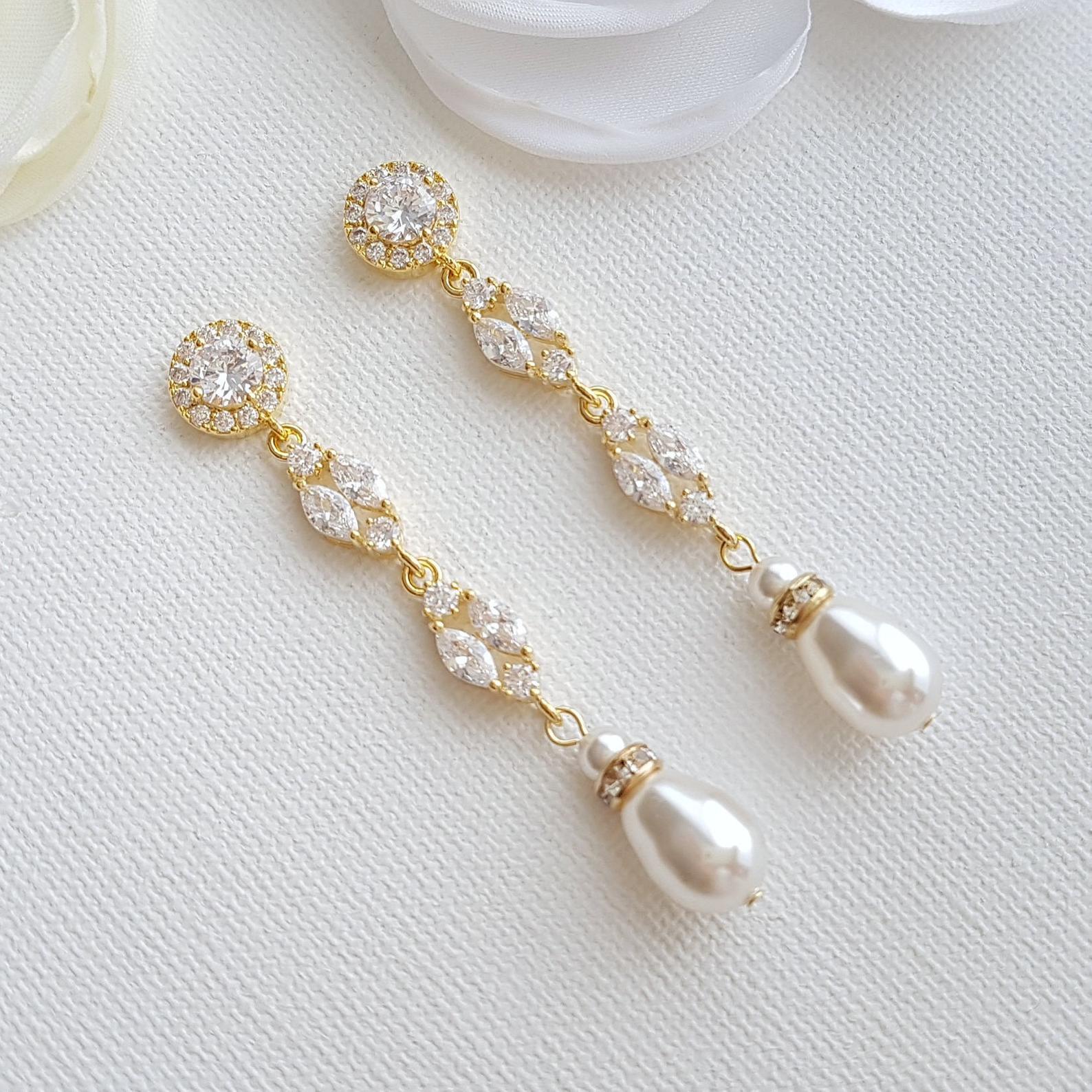Gold Bridal Jewelry Set with Pearl Crystal Earrings Back Necklace Bracelet Set-Hayley - PoetryDesigns