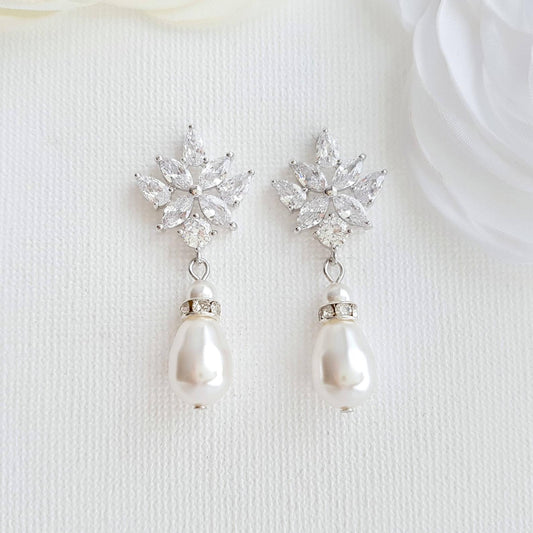 Crystal Bridal Earrings with Pearl Drop- Rosa - PoetryDesigns