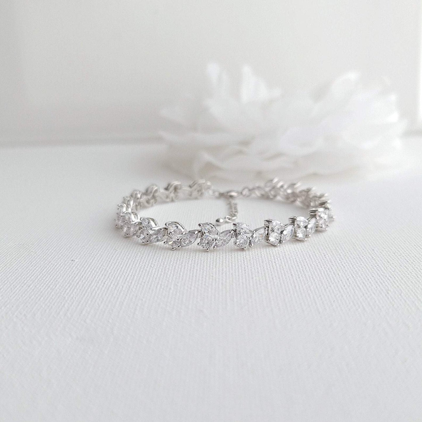 Bridal Tennis Bracelet With Gold Metal and Cubic Zirconia Leaf-Debra - PoetryDesigns