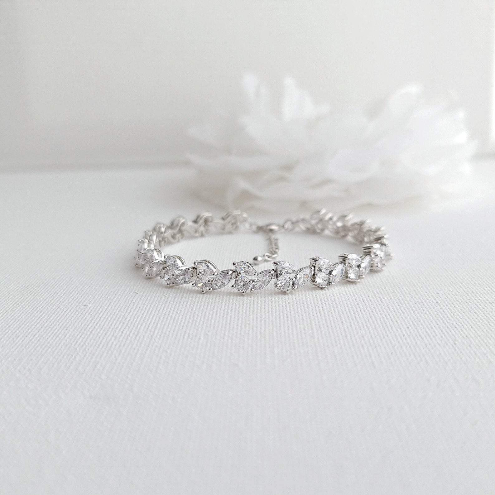 Bridal Tennis Bracelet With Gold Metal and Cubic Zirconia Leaf-Debra - PoetryDesigns