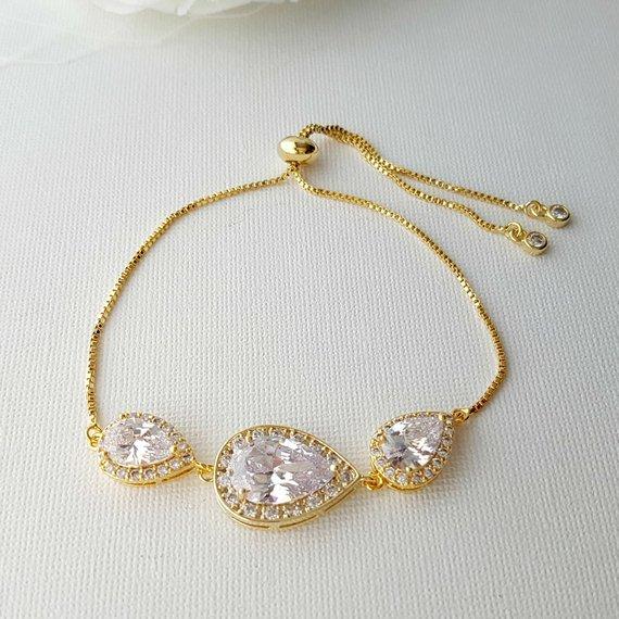 Crystal Bridal Bracelet, Wedding Jewelry, Bridesmaid Bracelet, Teardrop Bracelet, Zirconia Wedding Bracelet Adjustable Bracelet, Evelyn - PoetryDesigns