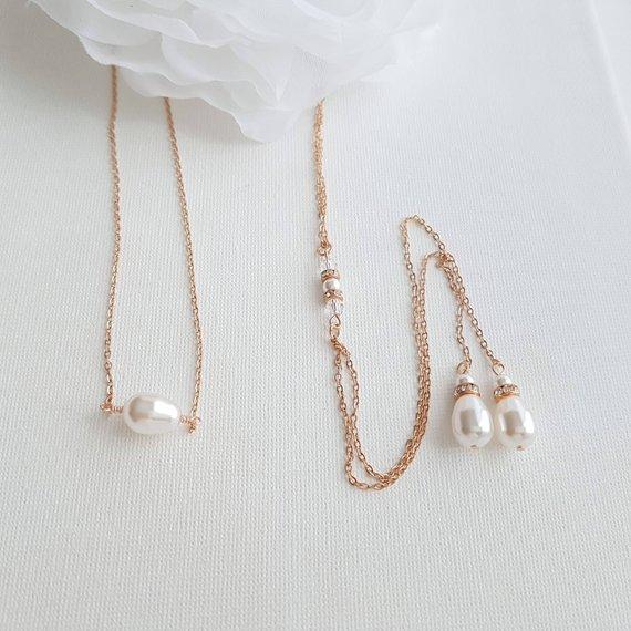 Gold Back Necklace With Chain & Pearl Drops-June - PoetryDesigns