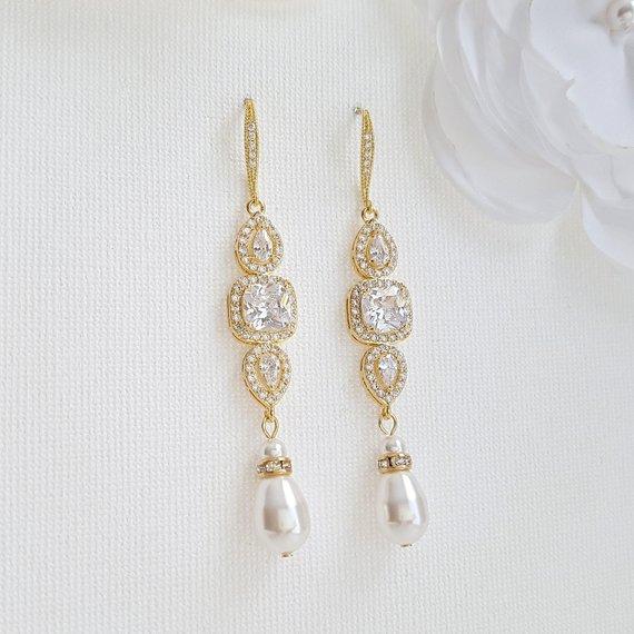 Pearl Drop Long Dangle Earrings for Weddings-Gianna - PoetryDesigns