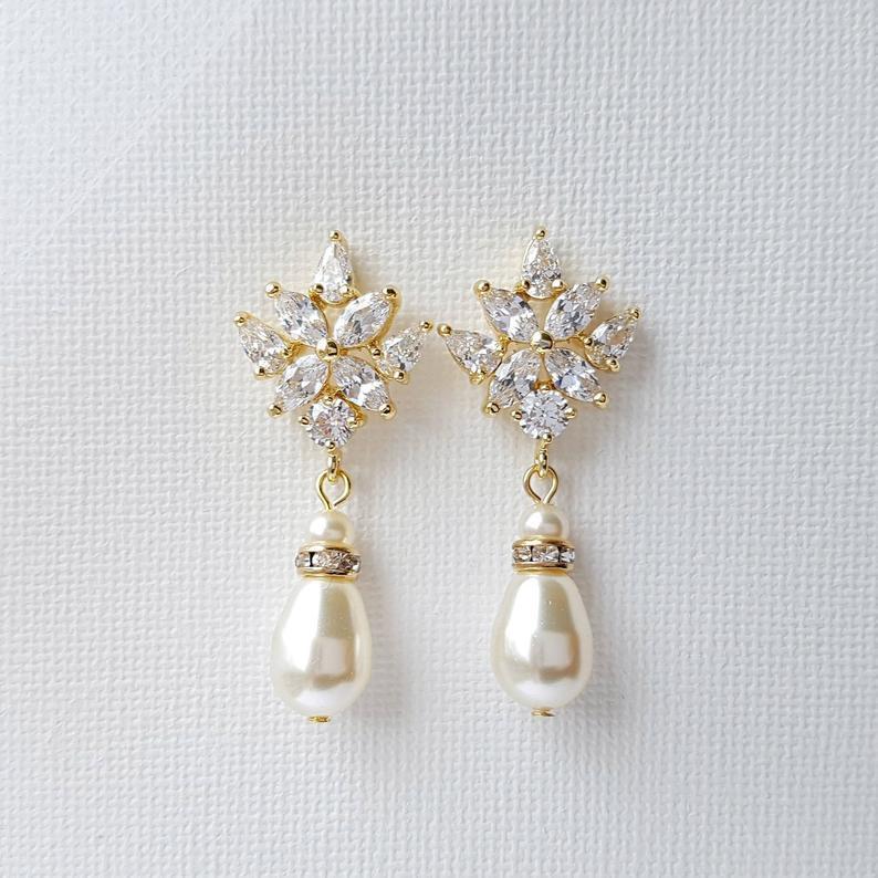 Rose Gold Bridal Earrings with Pearl Drops- Rosa