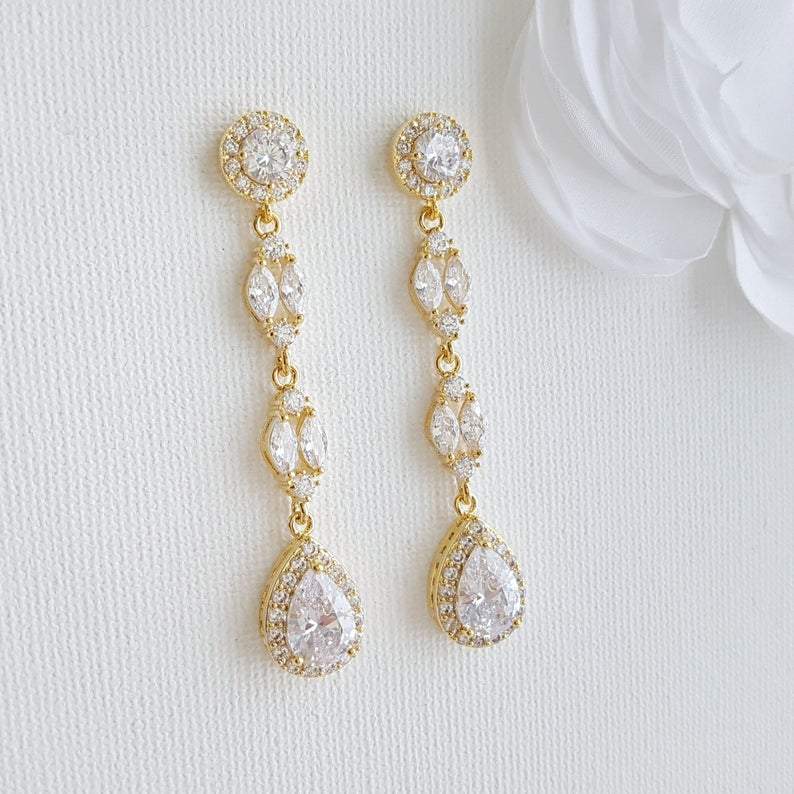 Long Earrings Drop Necklace & Bracelet Bridal Jewelry Set- Hayley - PoetryDesigns
