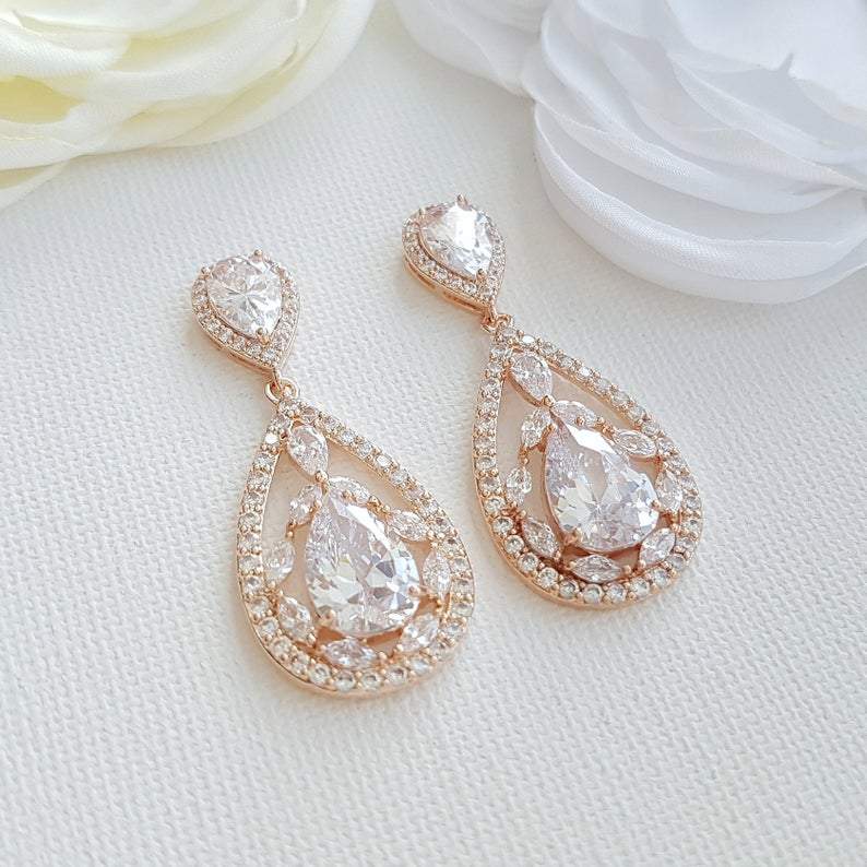 Gold Plated Drop Earrings for Wedding-Esther - PoetryDesigns