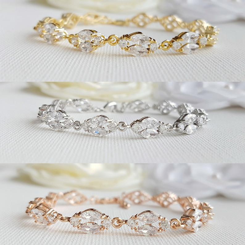 Long Earrings Drop Necklace & Bracelet Bridal Jewelry Set- Hayley - PoetryDesigns