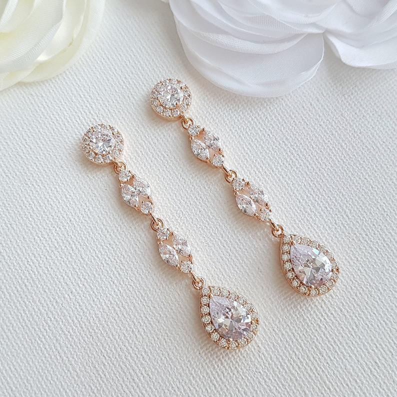 Long Earrings Drop Necklace & Bracelet Bridal Jewelry Set- Hayley - PoetryDesigns