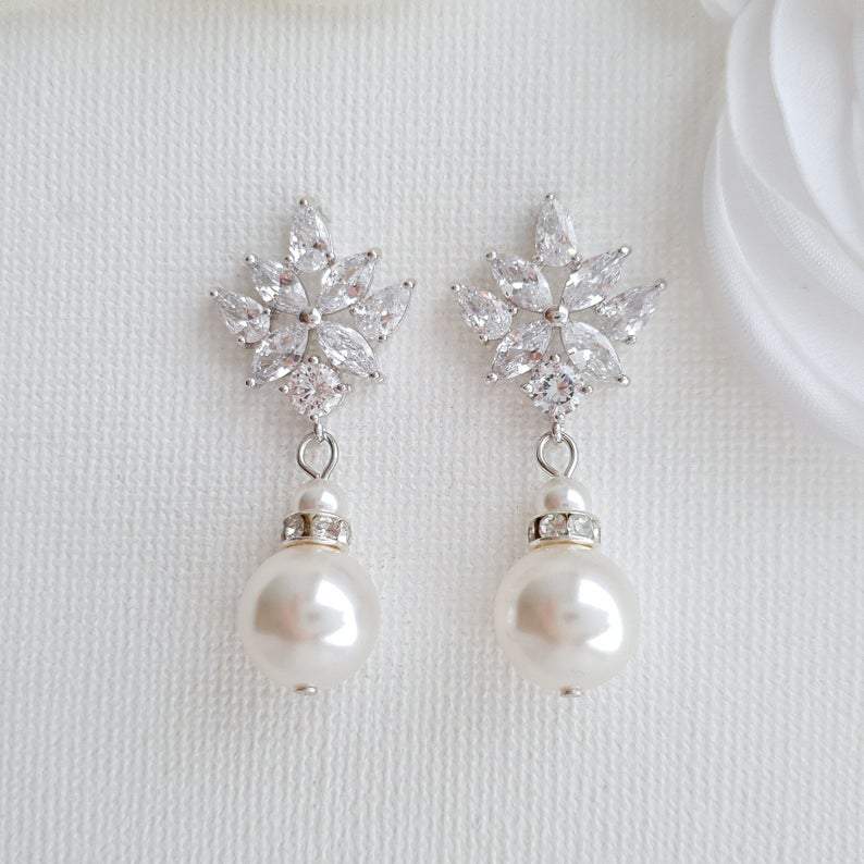 Bridal Drop Earrings Gold With Round Pearls- Rosa - PoetryDesigns