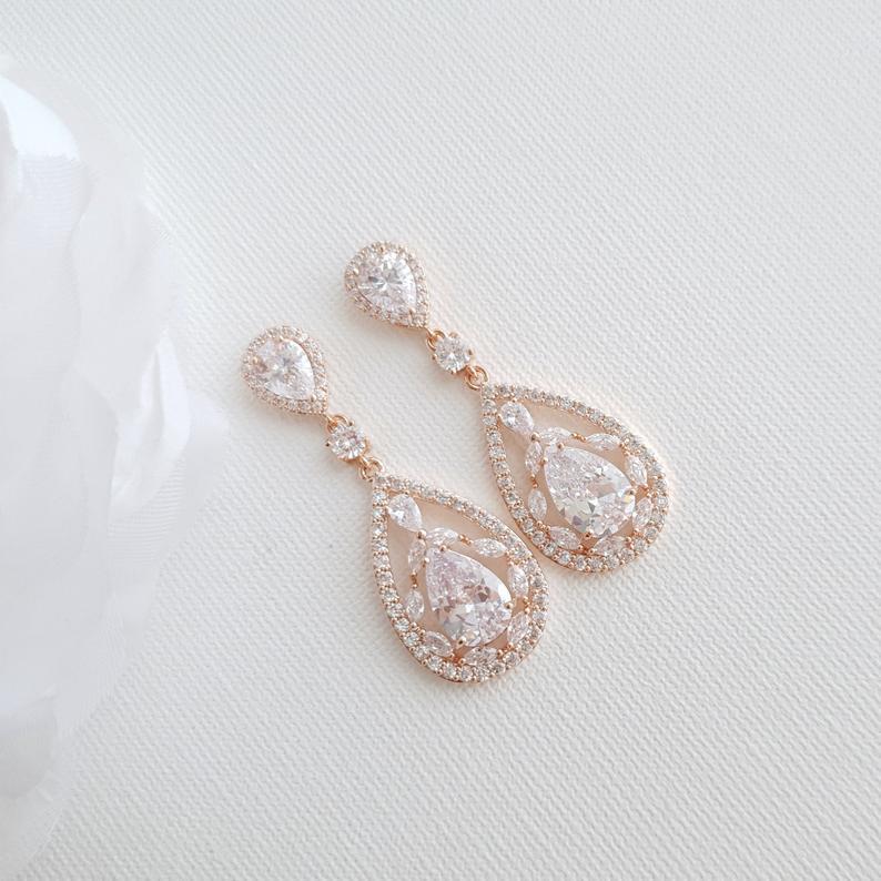 Yellow Gold Bridal Earrings in Cubic Zirconia for Brides-Esther - PoetryDesigns