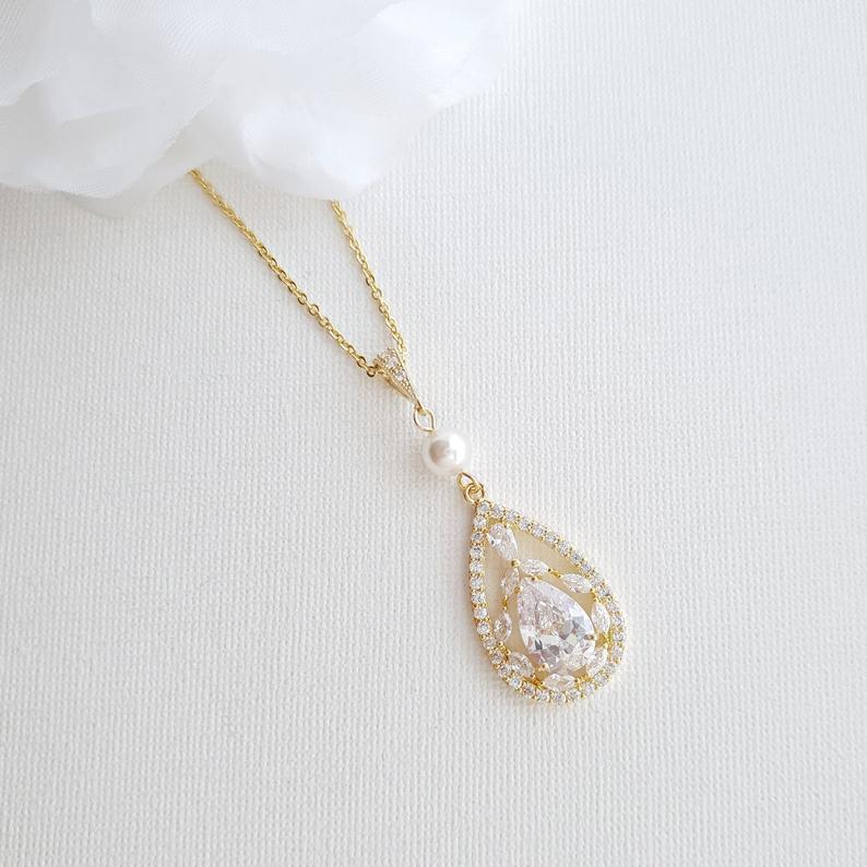 Bridal Pendant Necklace with Teardrop CZ Crystals-Esther - PoetryDesigns