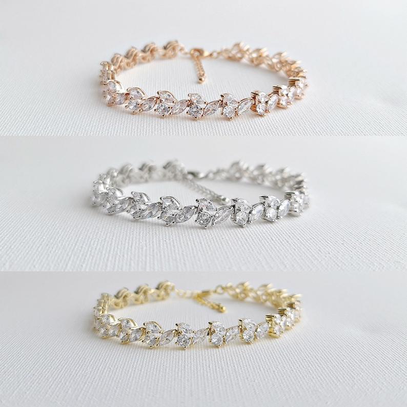 Bridal Tennis Bracelet With Gold Metal and Cubic Zirconia Leaf-Debra - PoetryDesigns