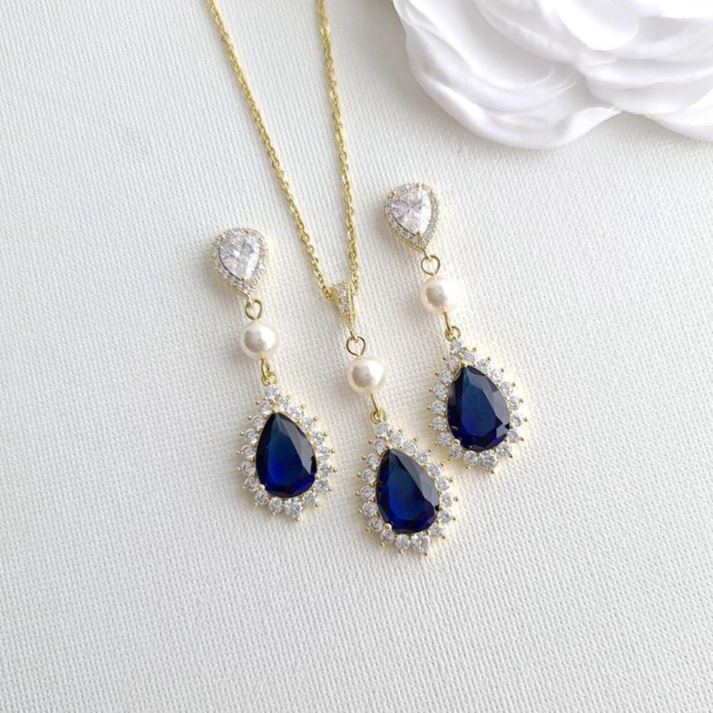 Sapphire Blue Wedding Jewelry Set In Gold-Aoi