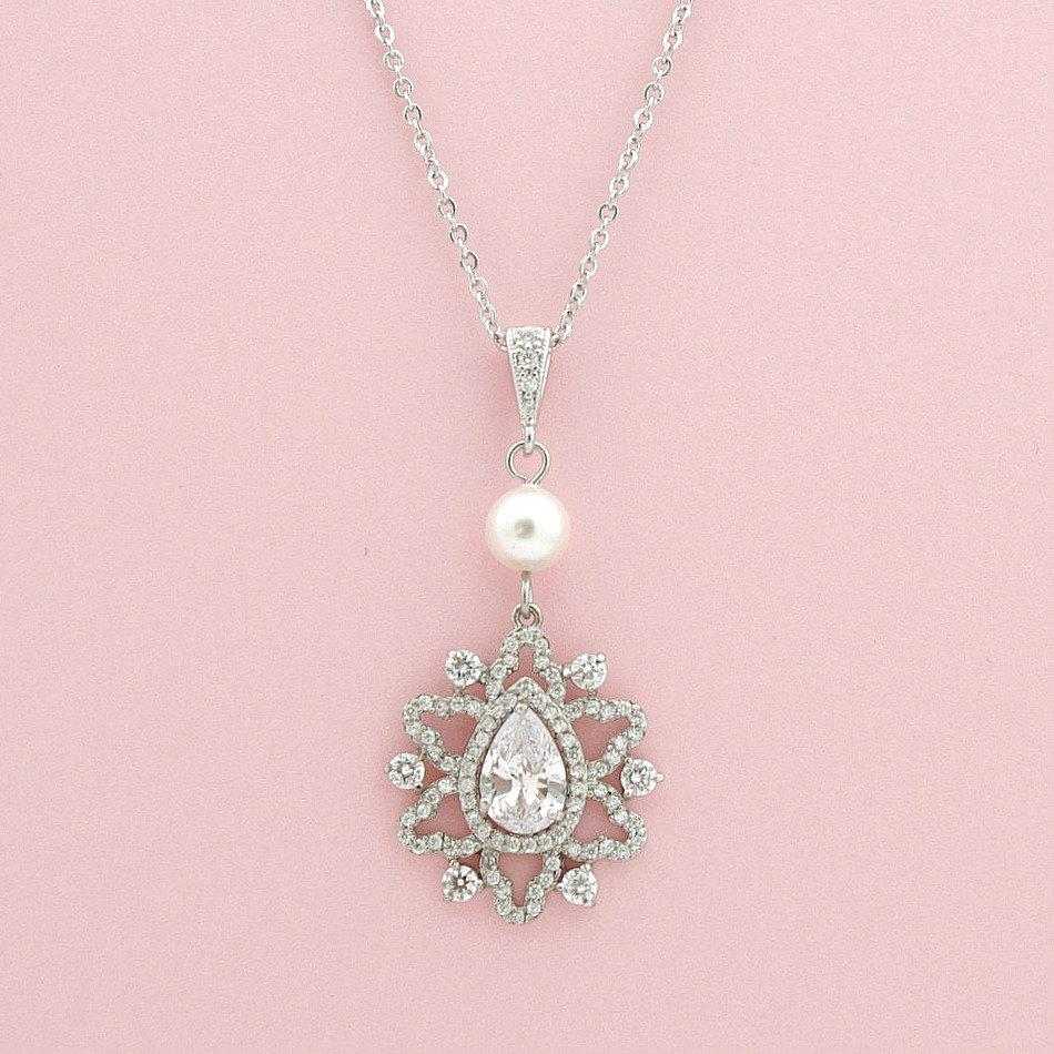 Bridal Necklace, Pendant Wedding Necklace, Crystal Drop Bridal Necklace, Pearl Silver Pendant Necklace, Bridal Jewelry, Fiona - PoetryDesigns