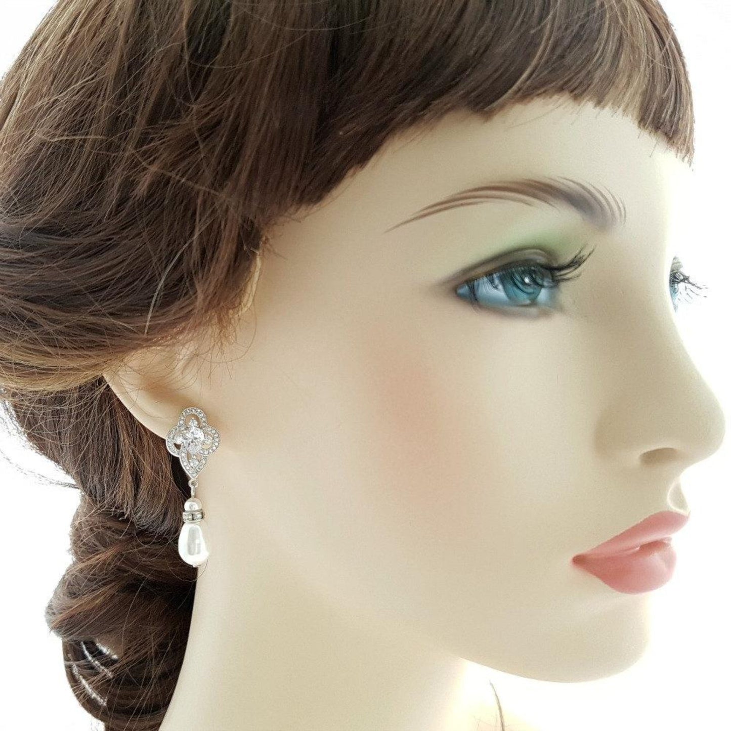 Pendientes colgantes de perlas, pendientes de novia, pendientes de boda de cristal, pendientes de damas de honor, pendientes de perlas CZ, joyería de boda de perlas, Mabel