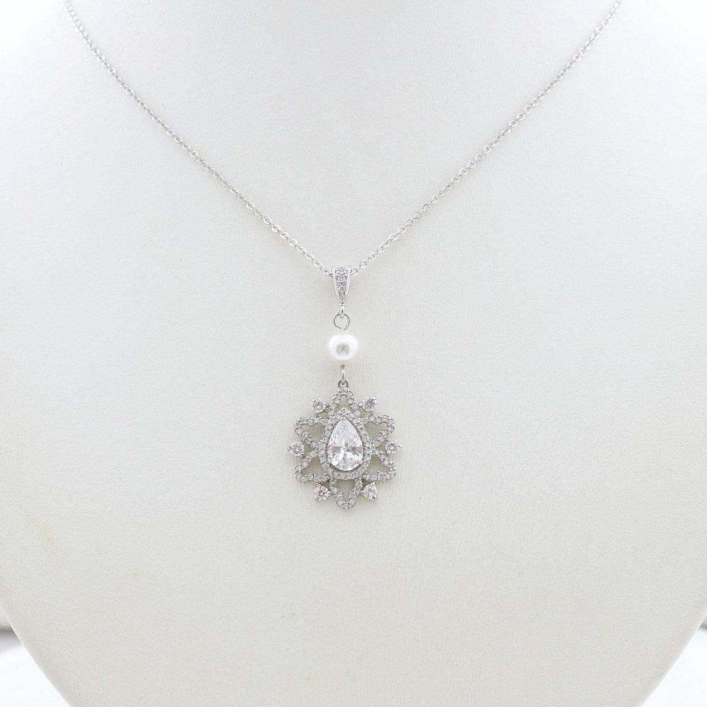 Bridal Necklace, Pendant Wedding Necklace, Crystal Drop Bridal Necklace, Pearl Silver Pendant Necklace, Bridal Jewelry, Fiona - PoetryDesigns