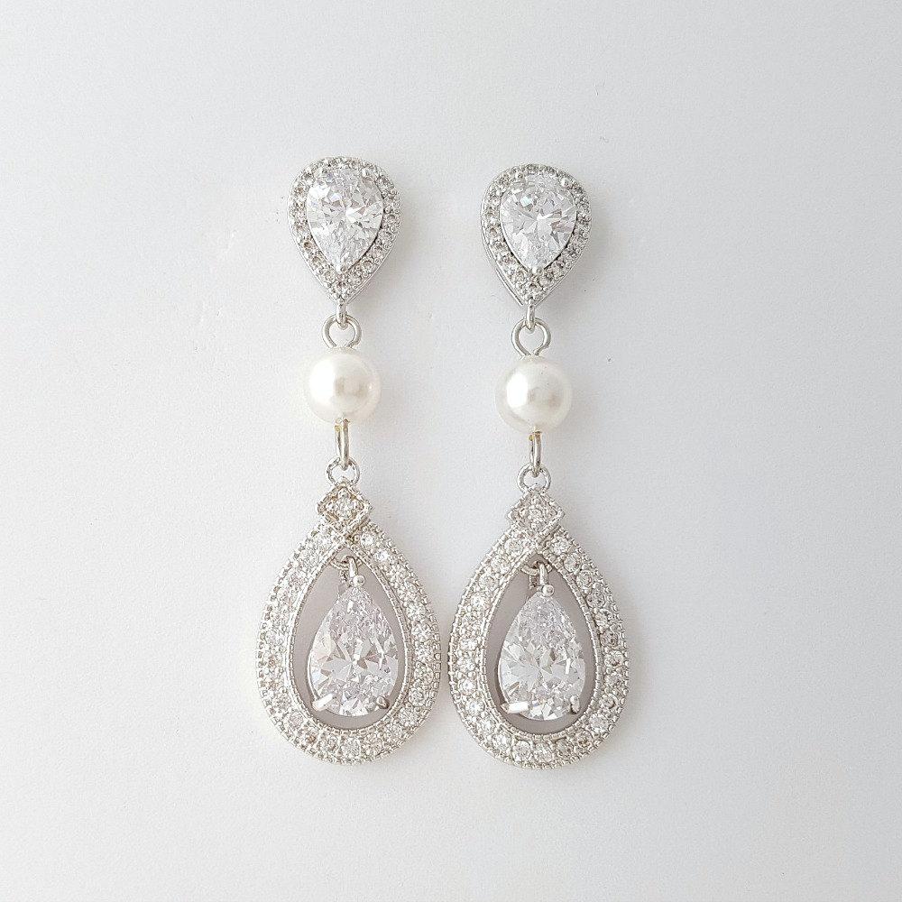 Crystal Wedding Earrings With CZ & Swarovski Pearl- Sarah - PoetryDesigns