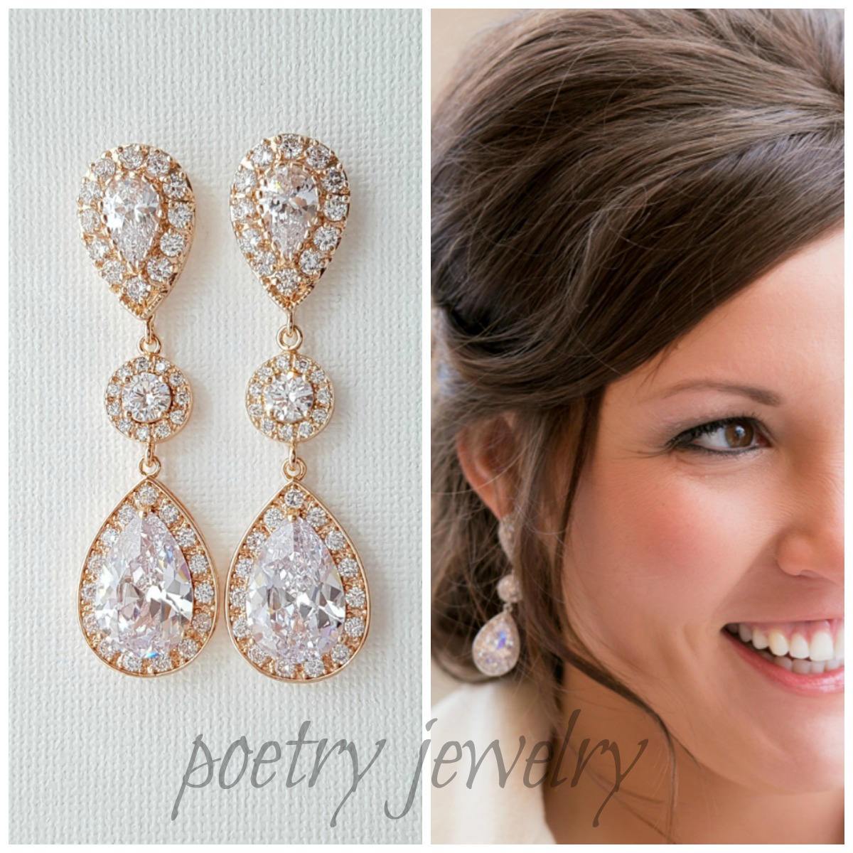 Teardrop Cubic Zirconia Rose Gold Bridal Earrings-Penelope - PoetryDesigns