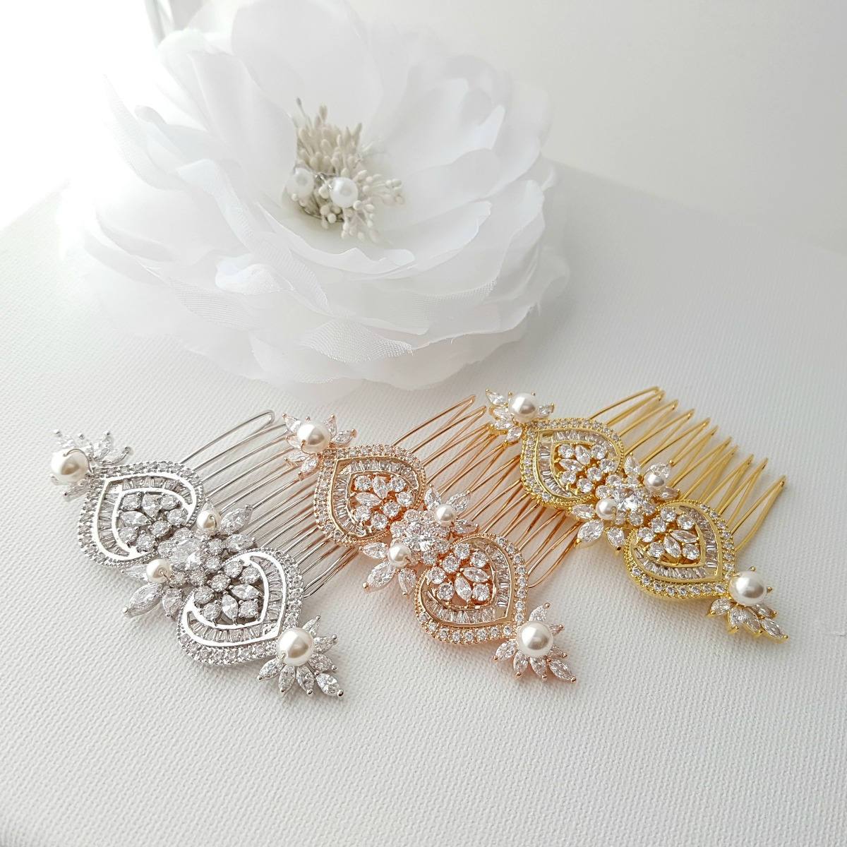 Gold Hair Comb, Wedding Hair Comb, Pearl Bridal Hair Piece, Crystal Rose Gold Headpiece, Swarovski Pearls, Bride Hair Jewelry, Rosa - PoetryDesigns