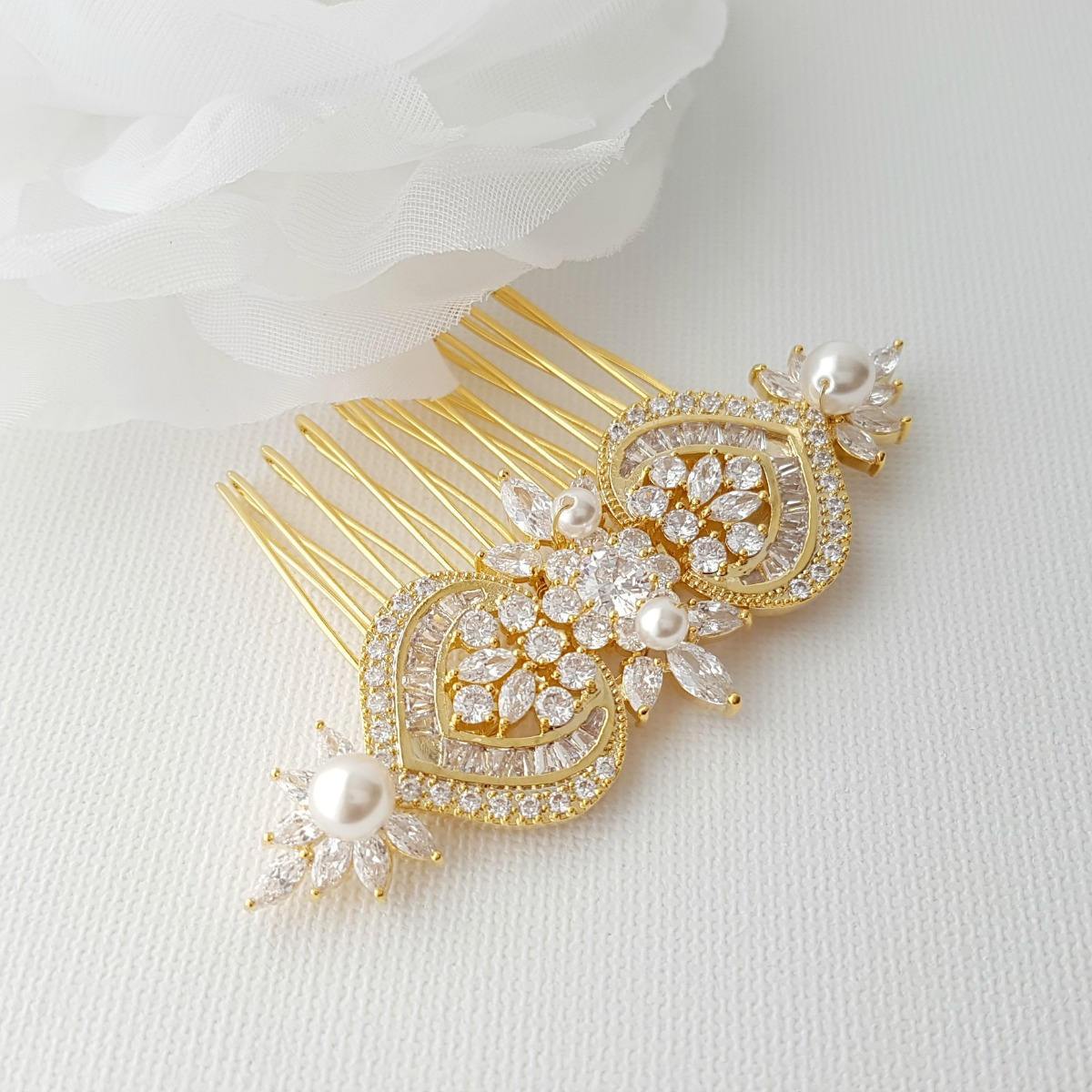 Gold Hair Comb, Wedding Hair Comb, Pearl Bridal Hair Piece, Crystal Rose Gold Headpiece, Swarovski Pearls, Bride Hair Jewelry, Rosa - PoetryDesigns
