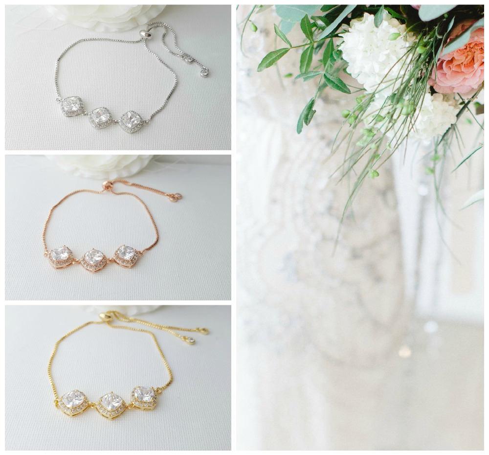 Gold Bracelet for Brides in Rhombus Cubic Zirconia- Celia - PoetryDesigns