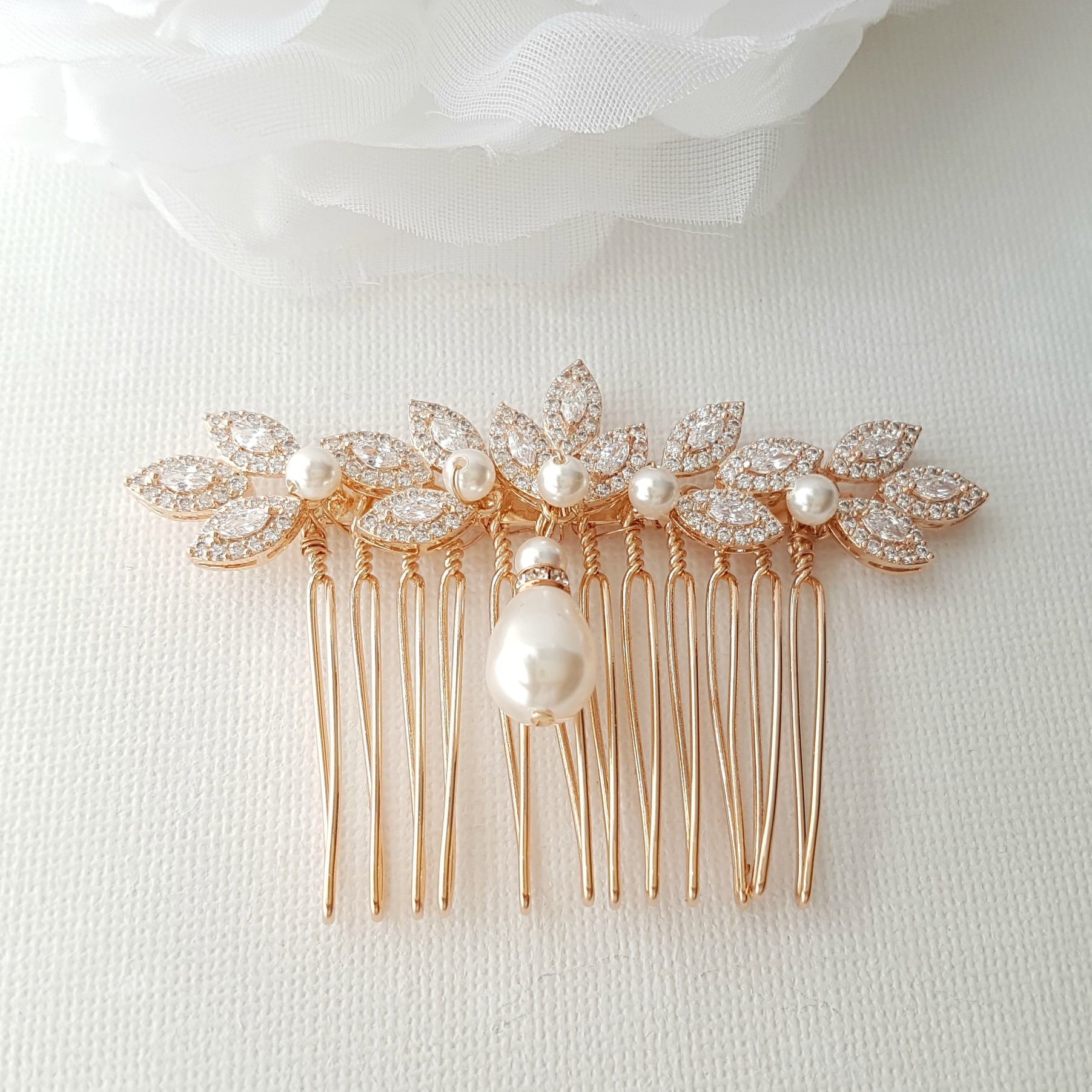 Rose Gold Hair Comb, Crystal Leaf Hair Comb, Wedding Hair Comb, Rose Gold Headpiece, Pearl Drop, Crystal Hair Comb, Gold Hair Comb, Abby - PoetryDesigns