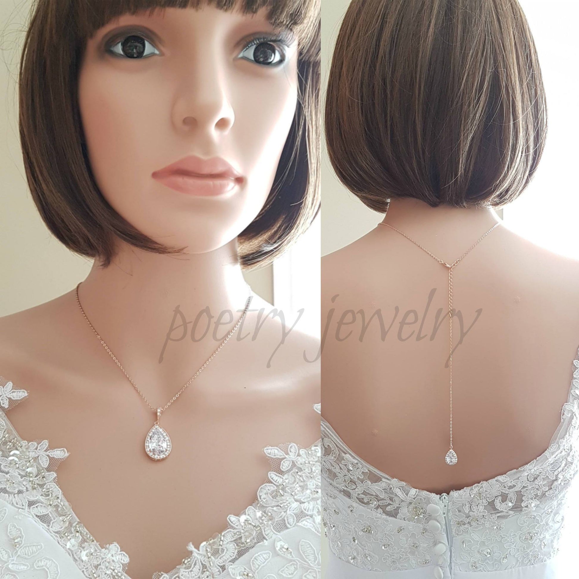 Rose Gold Simple Wedding Back Necklace, Crystal Backdrop Bridal Necklace, Bridesmaid Necklace Gift, Rose Gold Bridal Jewelry, Evelyn - PoetryDesigns