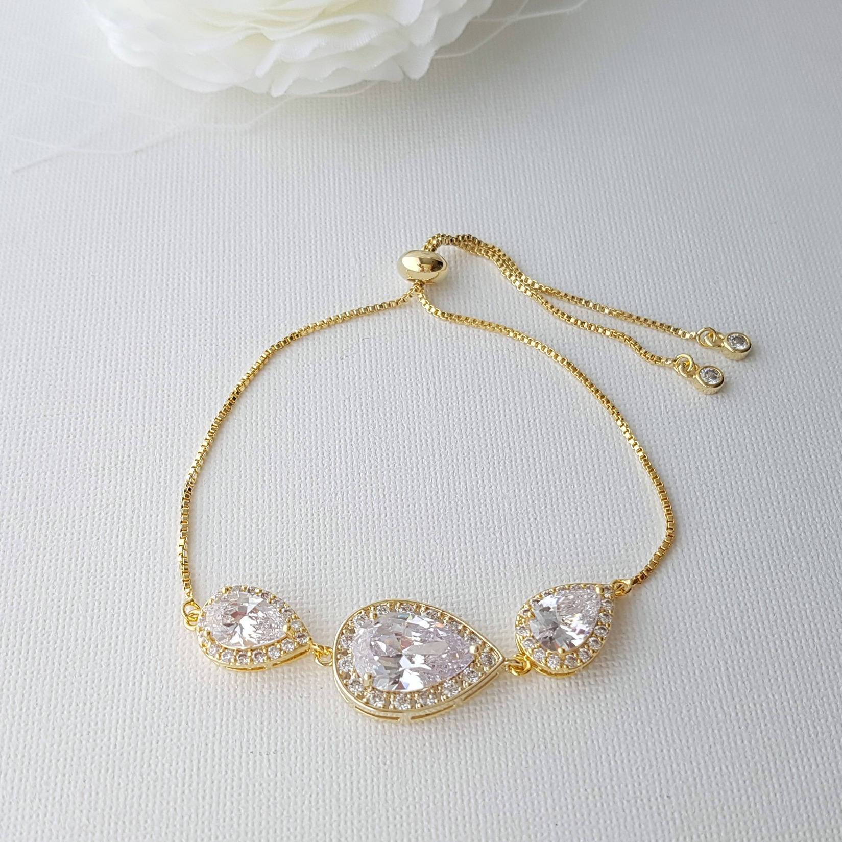 Gold Bridal Bracelet, Gold Wedding Jewelry, Gold Crystal Bracelet, Clear Cubic Zirconia, Gold Teardrop Bracelet, Bridesmaid Bracelet, Evelyn - PoetryDesigns
