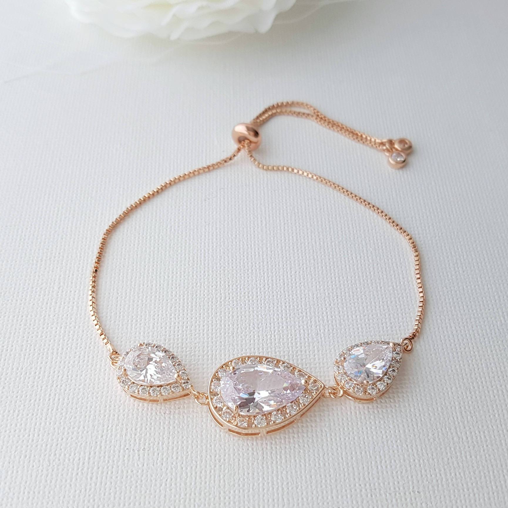 Crystal Bridal Bracelet, Wedding Jewelry, Bridesmaid Bracelet, Teardrop Bracelet, Zirconia Wedding Bracelet Adjustable Bracelet, Evelyn - PoetryDesigns