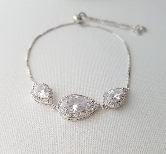 Crystal Bridal Bracelet, Wedding Jewelry, Bridesmaid Bracelet, Teardrop Bracelet, Zirconia Wedding Bracelet Adjustable Bracelet, Evelyn - PoetryDesigns