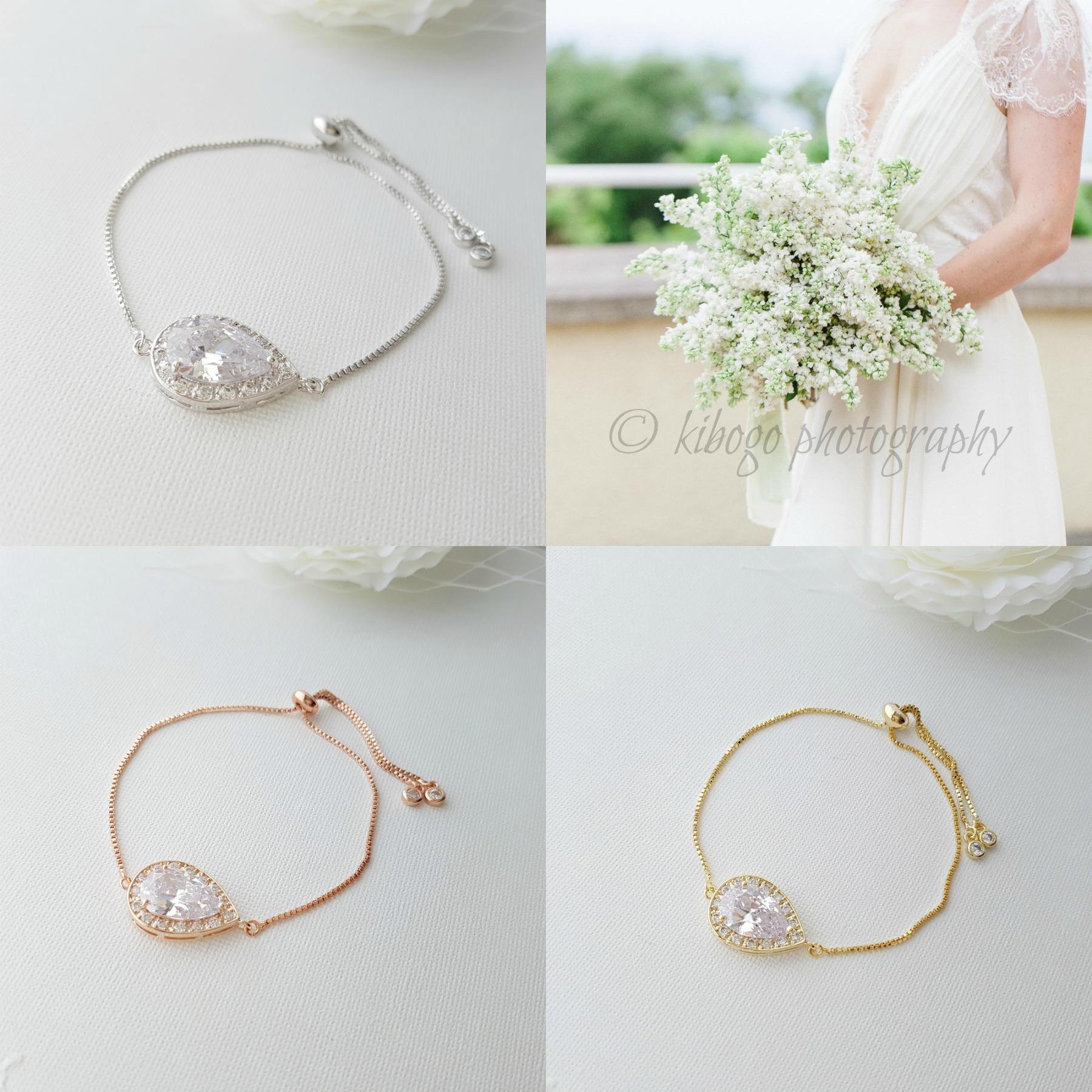 Rose Gold Simple Bracelet, Bridal Crystal Adjustable Bracelet, Rose Gold Wedding Bracelet, Bridesmaid Bracelet, Bridal Jewelry, Evelyn - PoetryDesigns