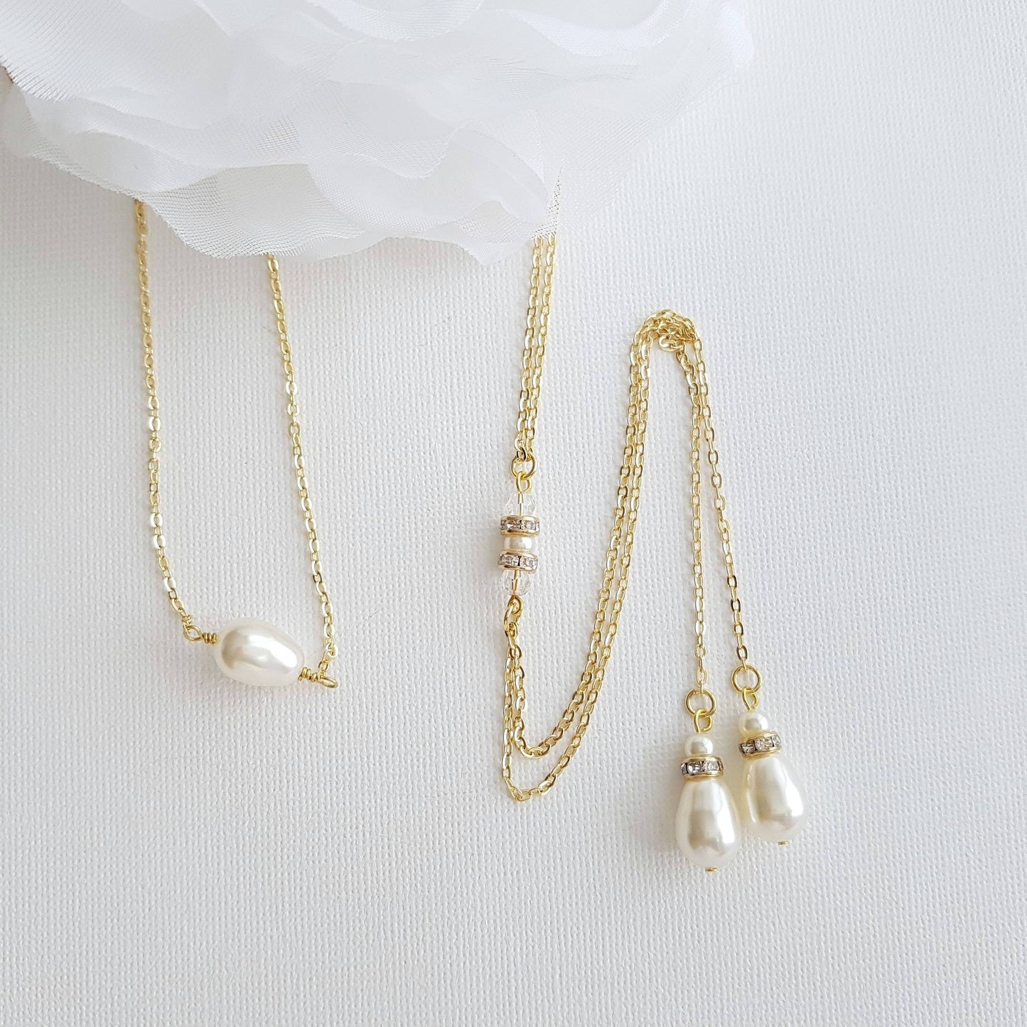 Gold Back Necklace With Chain & Pearl Drops-June - PoetryDesigns