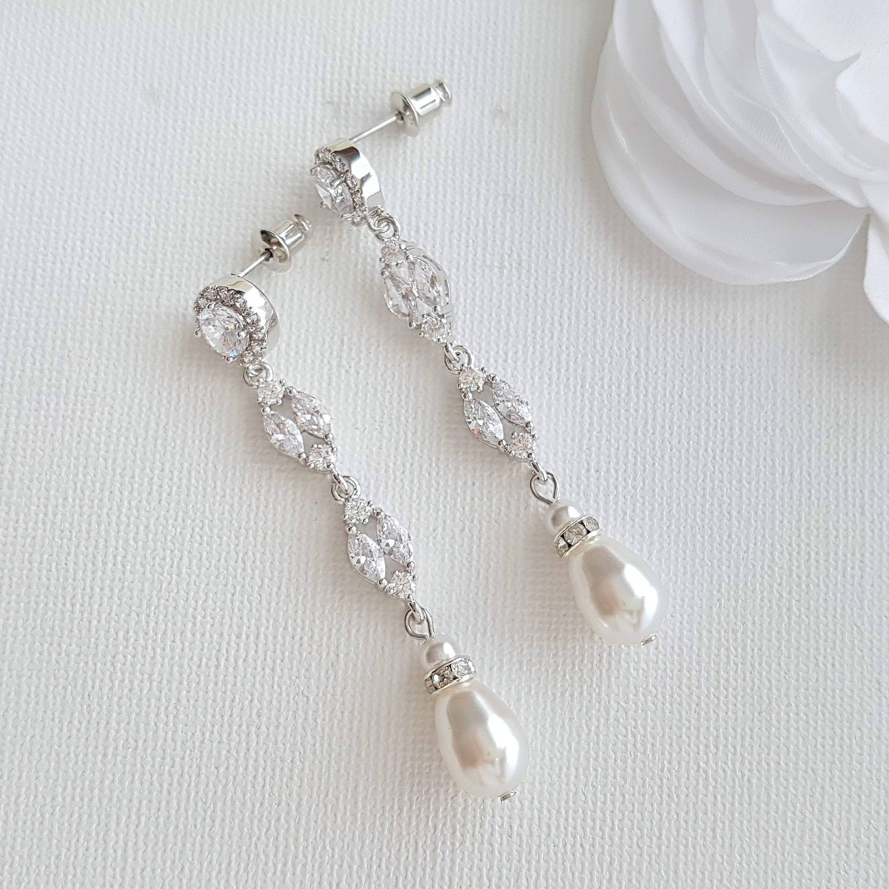 bridal pearl drop earrings silver- Poetry Designs