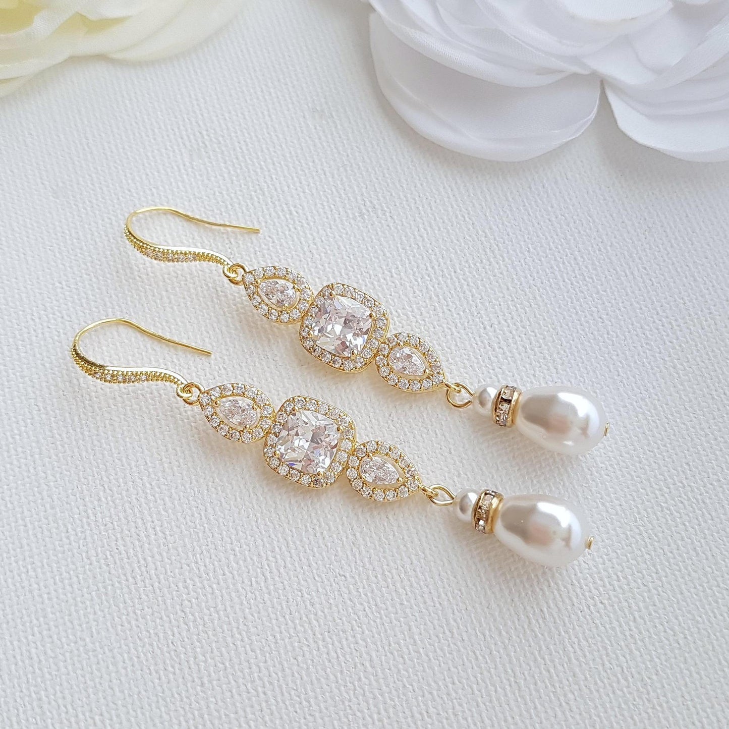 Rose Gold Pearl Drop Wedding Earrings-Gianna - PoetryDesigns