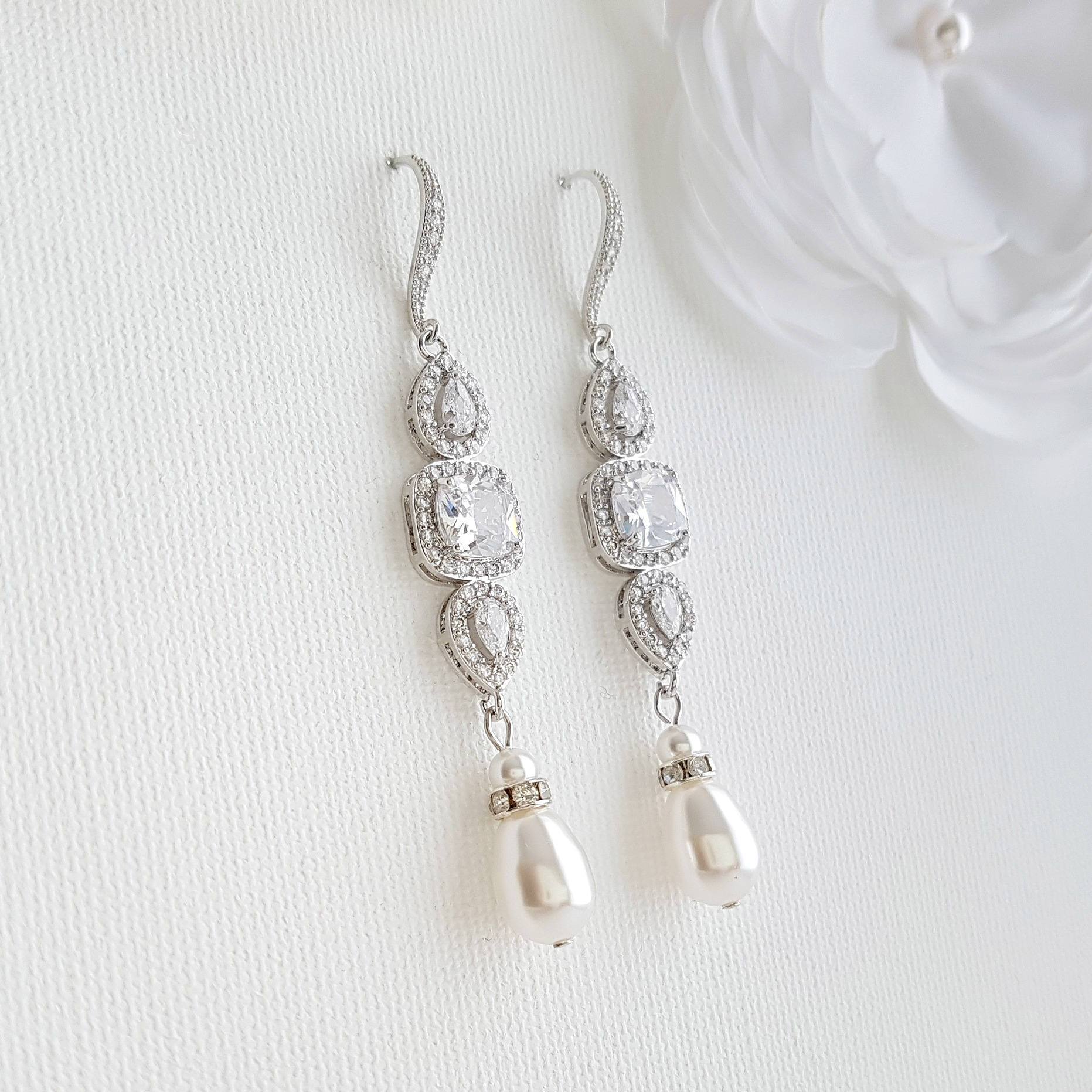 Pearl Drop Long Dangle Earrings for Weddings-Gianna - PoetryDesigns