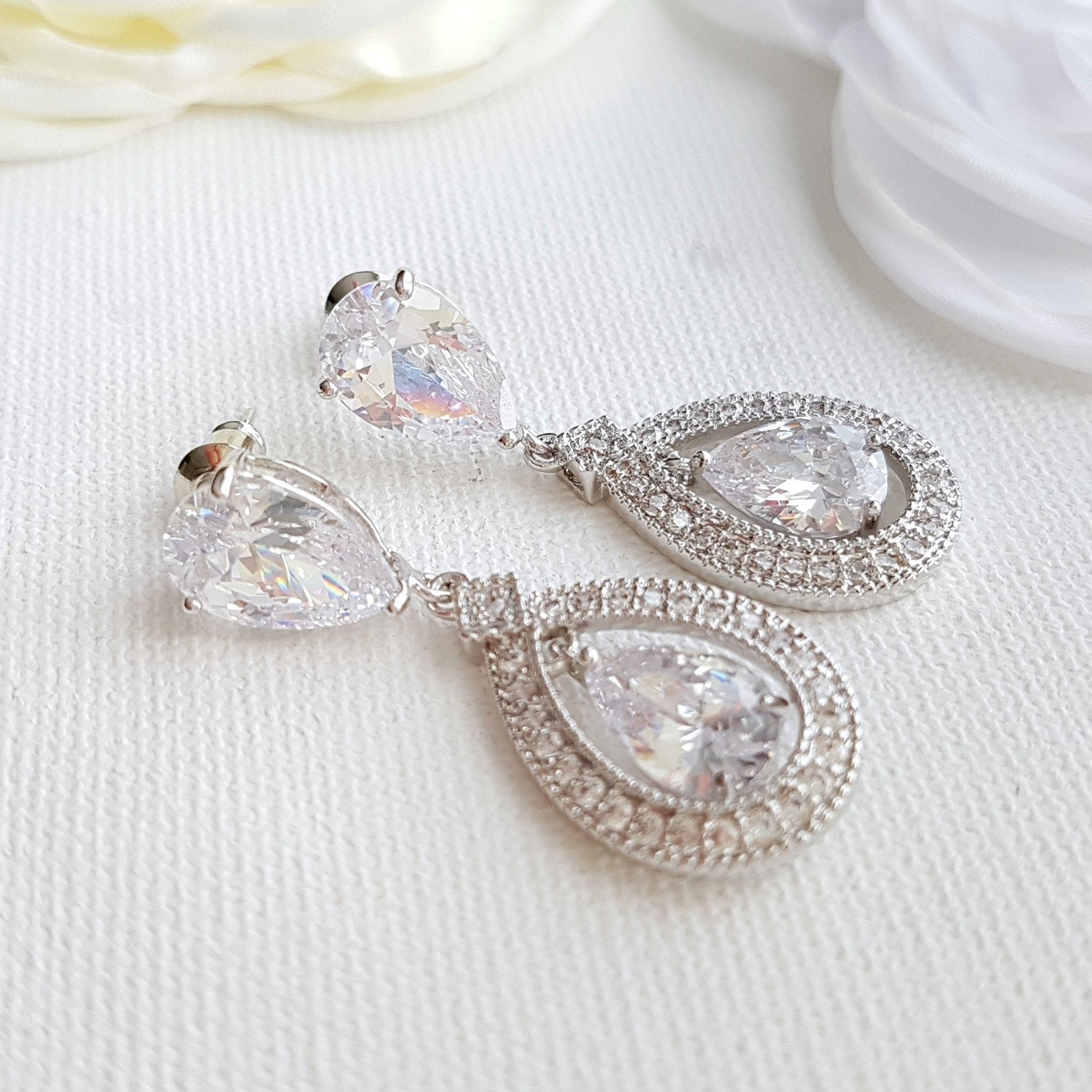 Silver Crystal Drop Bridal Earrings- Sarah - PoetryDesigns