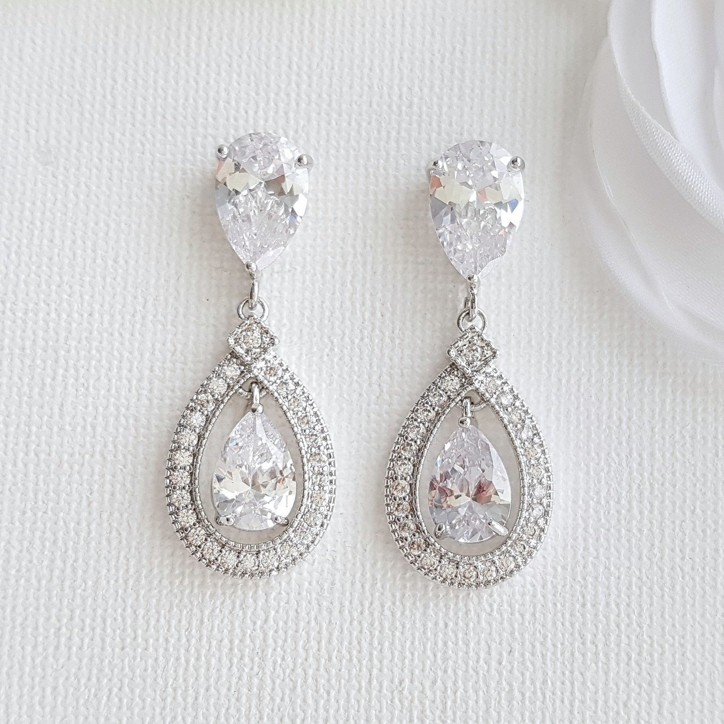 Silver Crystal Drop Bridal Earrings- Sarah - PoetryDesigns