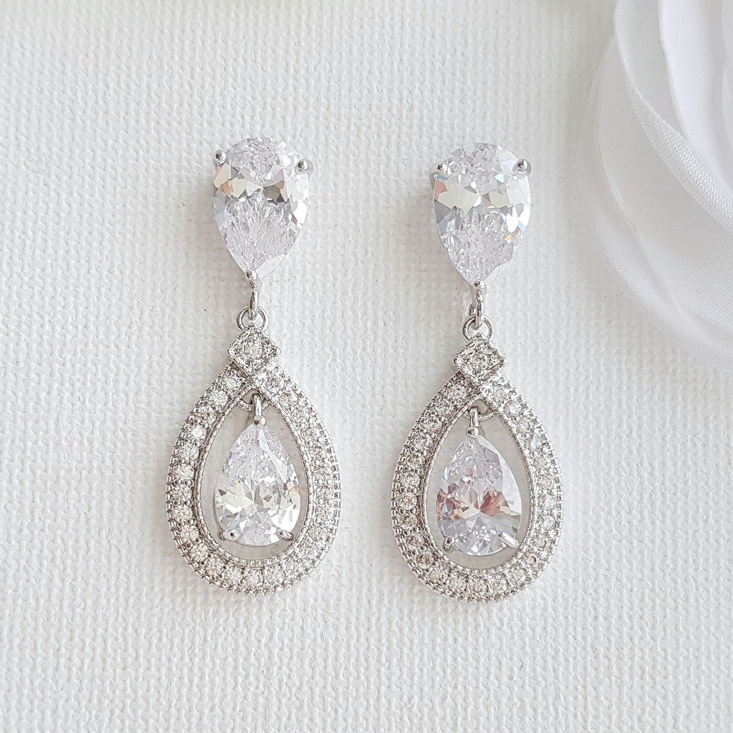 Silver Crystal Drop Bridal Earrings- Sarah - PoetryDesigns