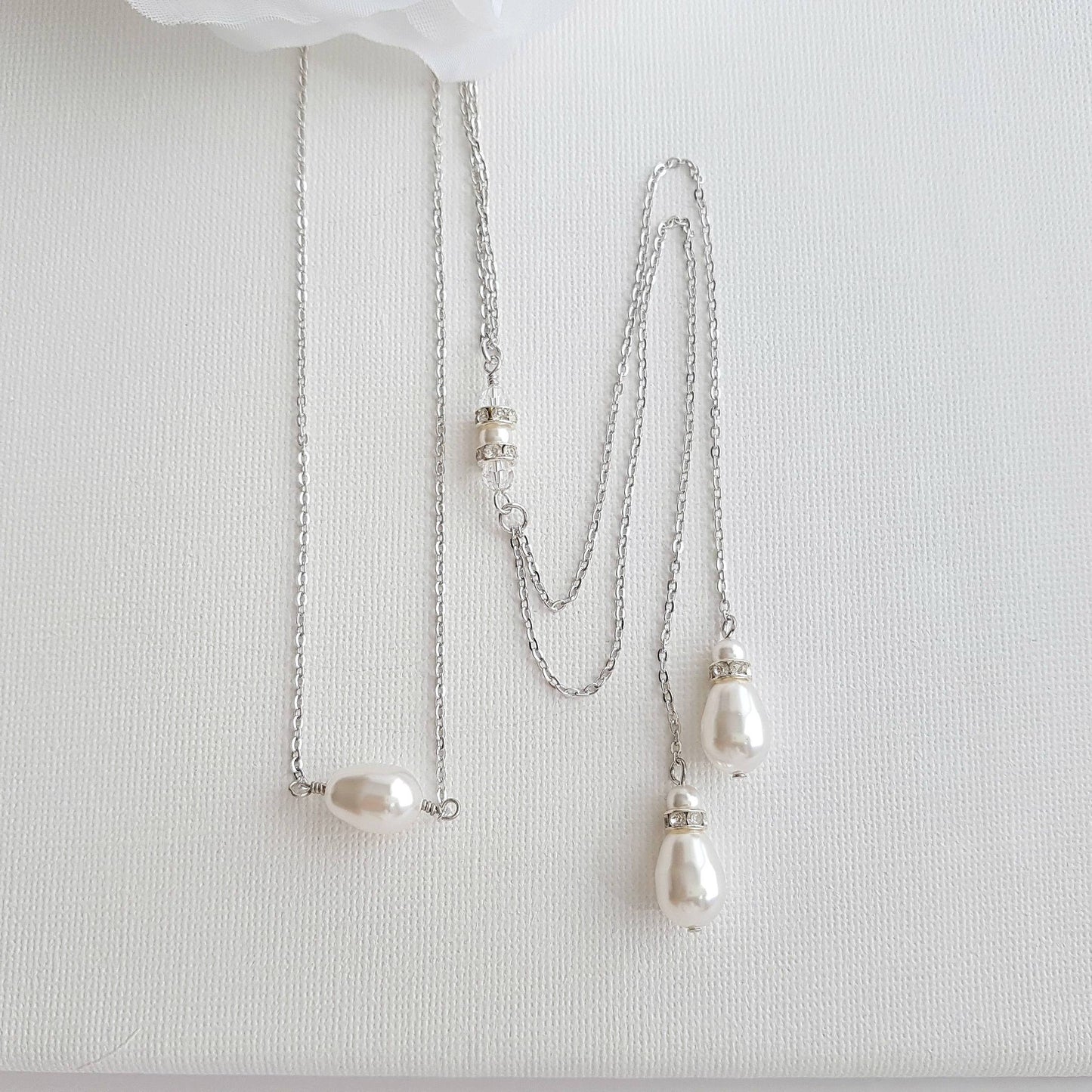 Gold Back Necklace With Chain & Pearl Drops-June - PoetryDesigns