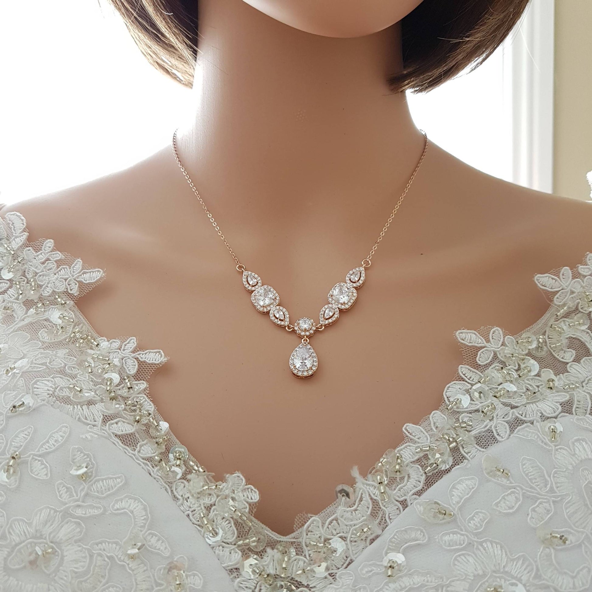 Rose Gold Crystal Backdrop Necklace- Gianna - PoetryDesigns