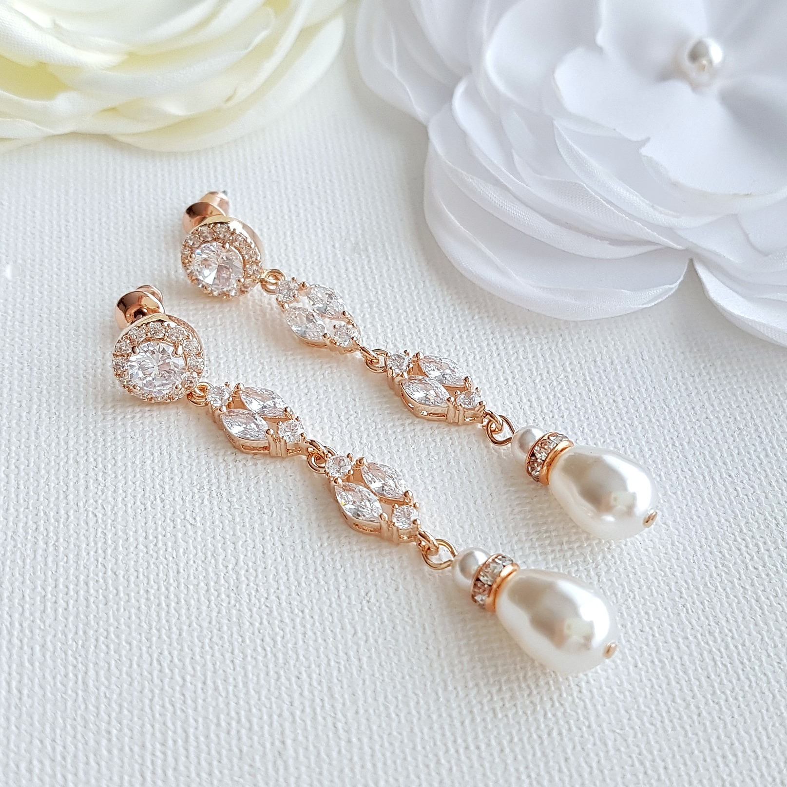 Long Rose Gold Pearl Drop Earrings- Hayley - PoetryDesigns