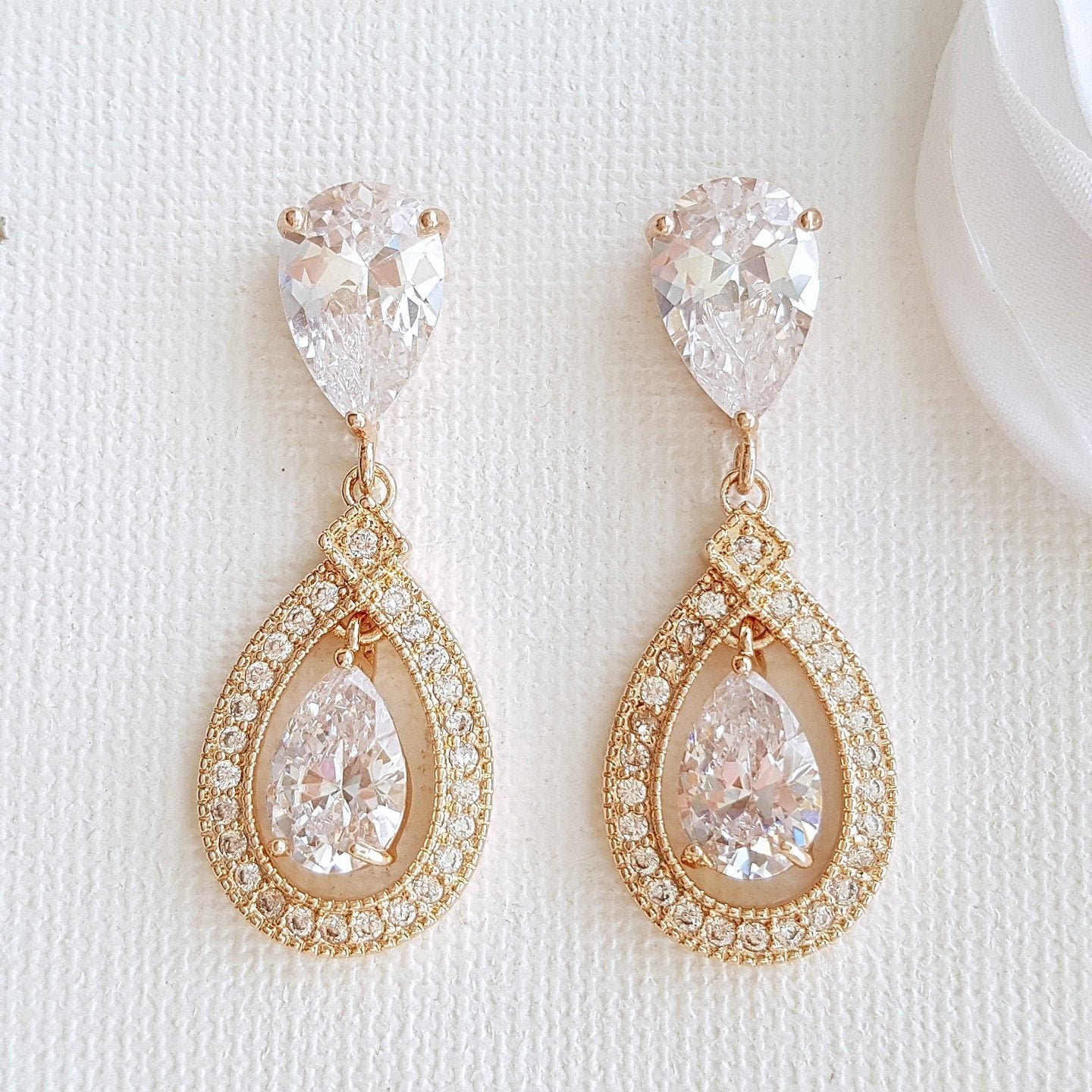 Rose Gold Crystal Drop Earrings- Sarah - PoetryDesigns