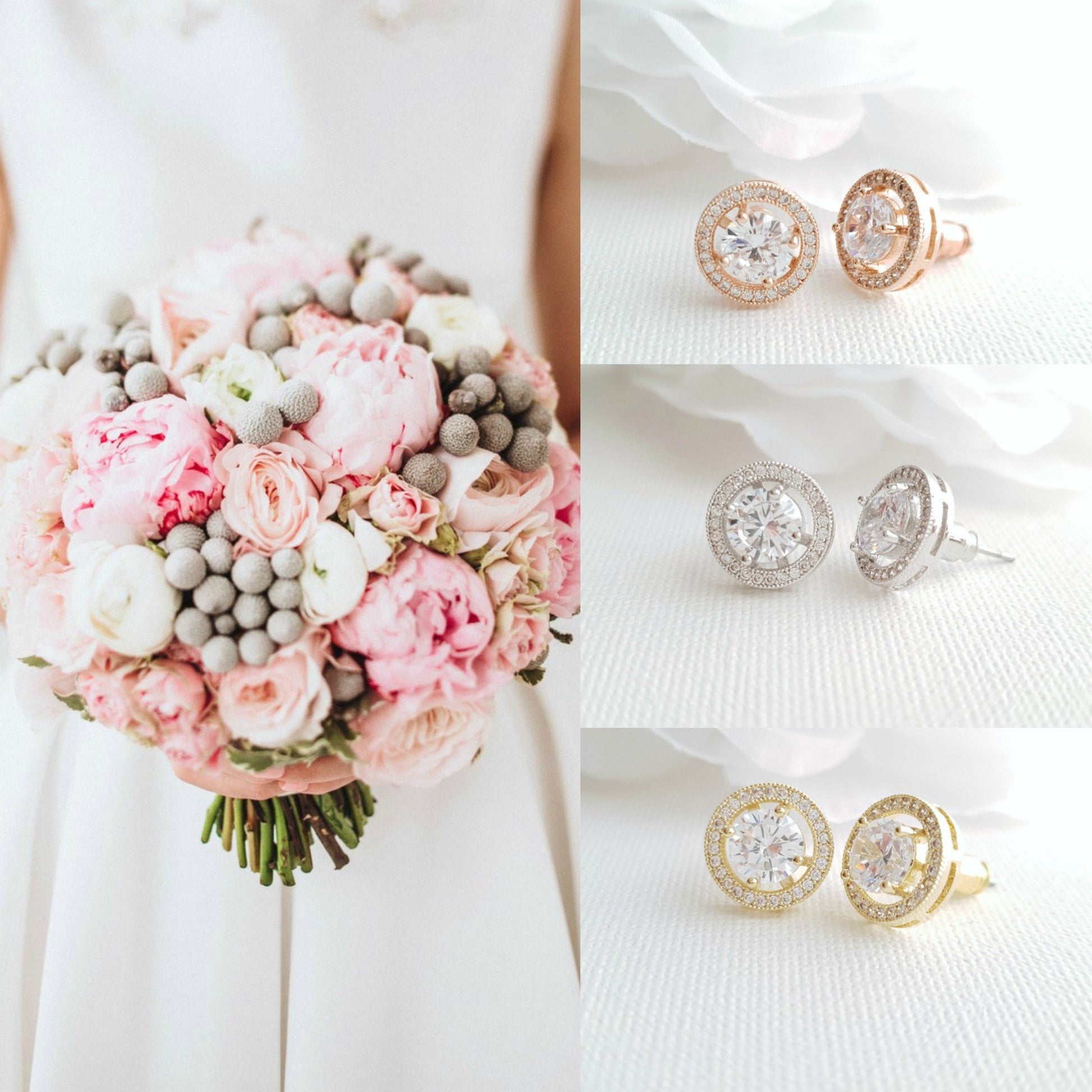 Gold Round Stud Earrings in Cubic Zirconia- Denise - PoetryDesigns