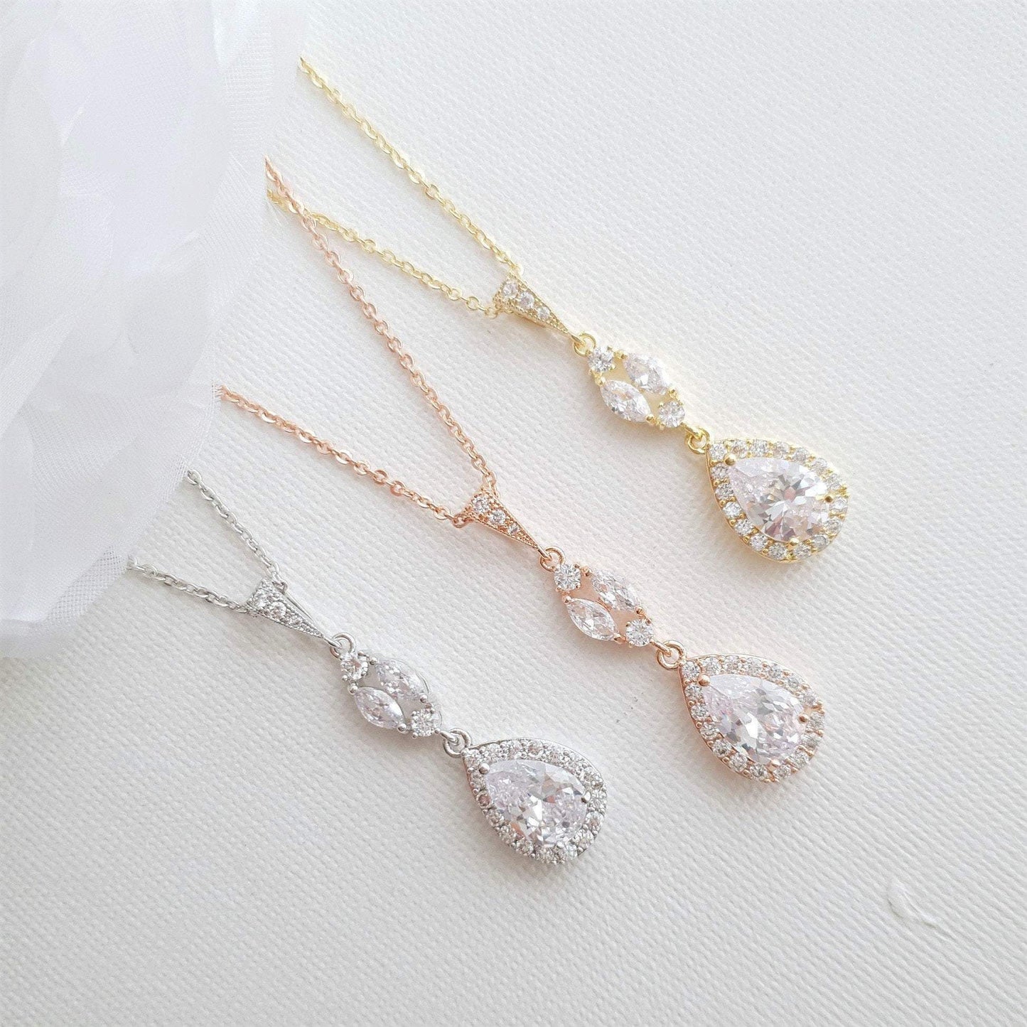 Long Earrings Drop Necklace & Bracelet Bridal Jewelry Set- Hayley - PoetryDesigns